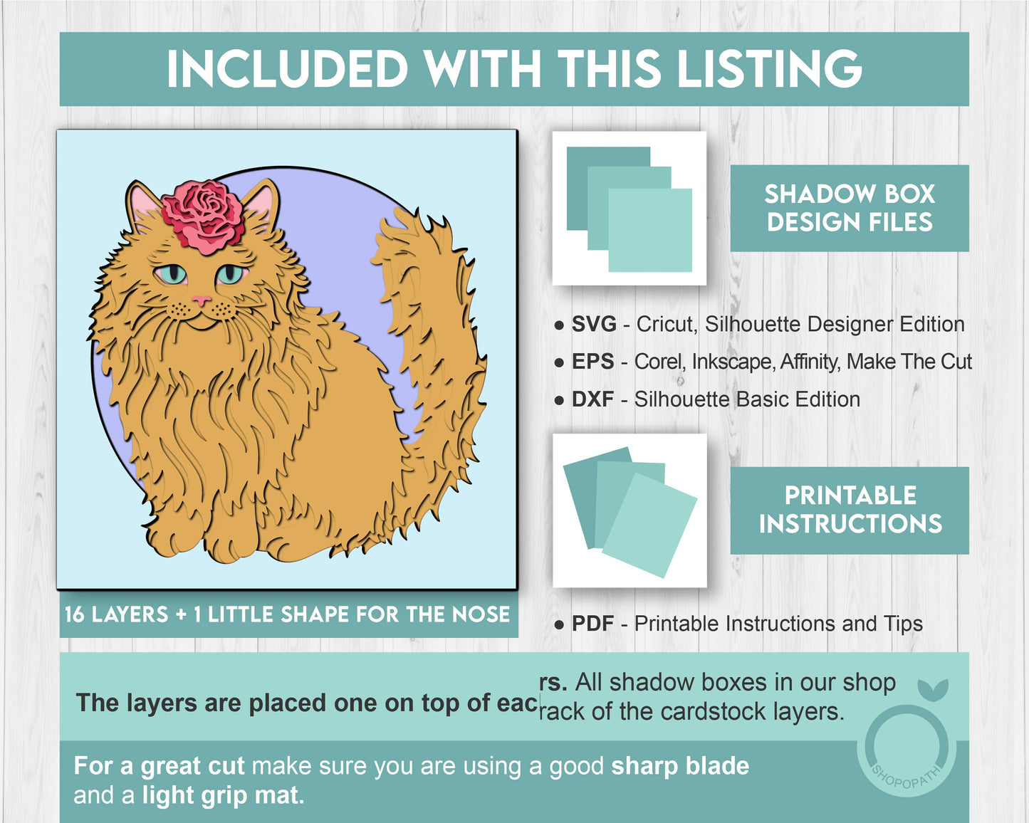 Ginger Cat with Rose - 3D Shadow Box Layered SVG DXF EPS (Cutting Files)