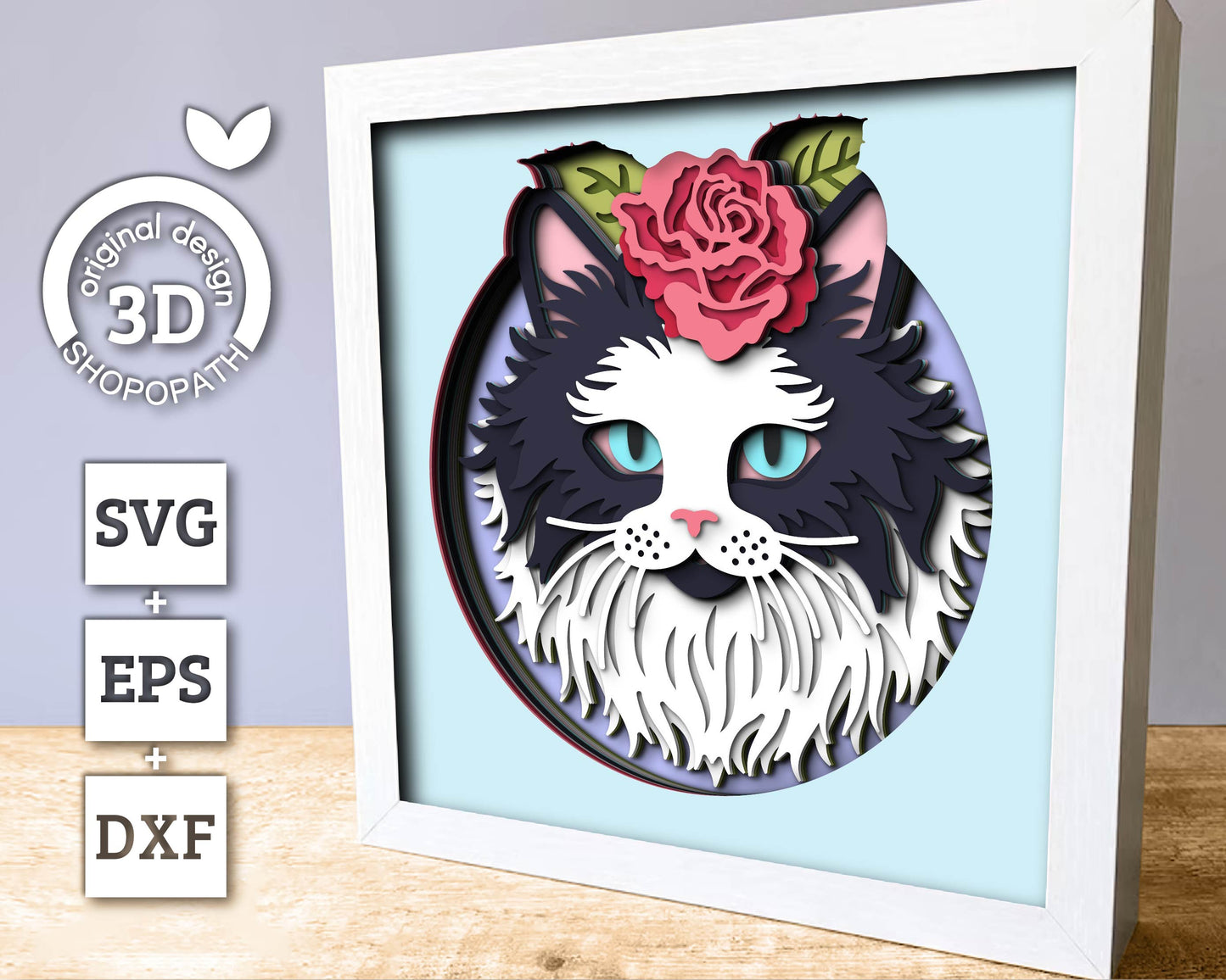 Tuxedo Cat with Rose - 3D Shadow Box Layered SVG DXF EPS (Cutting Files)