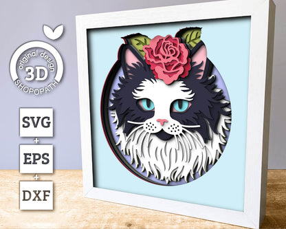Tuxedo Cat with Rose - 3D Shadow Box Layered SVG DXF EPS (Cutting Files)