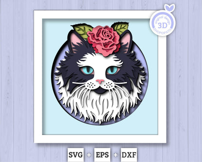 Tuxedo Cat with Rose - 3D Shadow Box Layered SVG DXF EPS (Cutting Files)