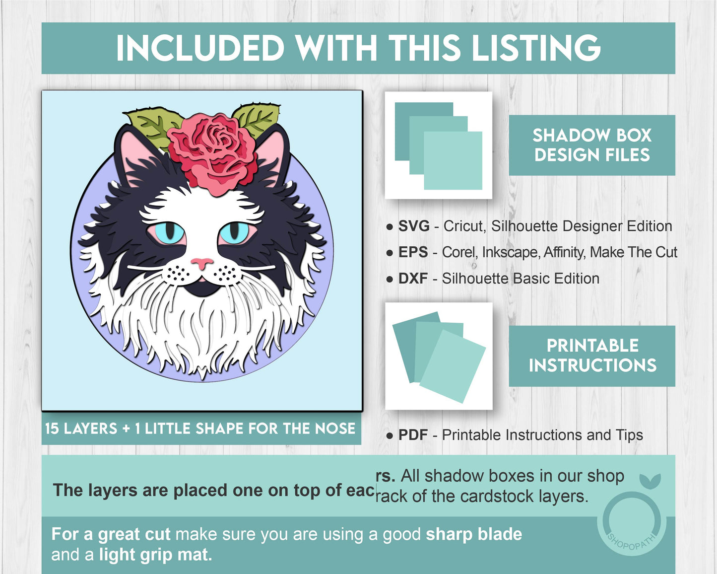 Tuxedo Cat with Rose - 3D Shadow Box Layered SVG DXF EPS (Cutting Files)