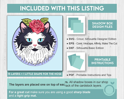 Tuxedo Cat with Rose - 3D Shadow Box Layered SVG DXF EPS (Cutting Files)