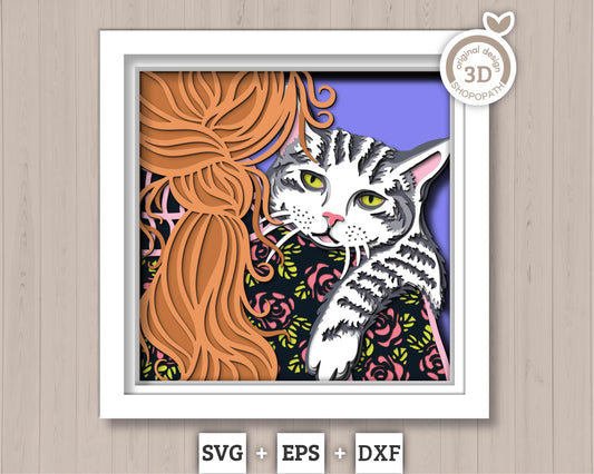 Tabby Cat on Woman Shoulder - 3D Shadow Box Layered SVG DXF EPS (Cutting Files)