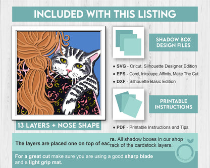 Tabby Cat on Woman Shoulder - 3D Shadow Box Layered SVG DXF EPS (Cutting Files)