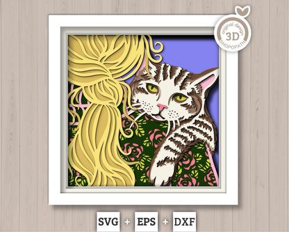 Tabby Cat on Woman Shoulder - 3D Shadow Box Layered SVG DXF EPS (Cutting Files)