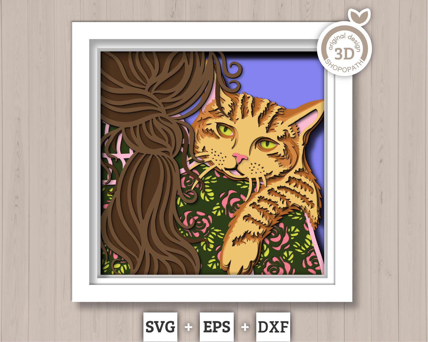 Tabby Cat on Woman Shoulder - 3D Shadow Box Layered SVG DXF EPS (Cutting Files)