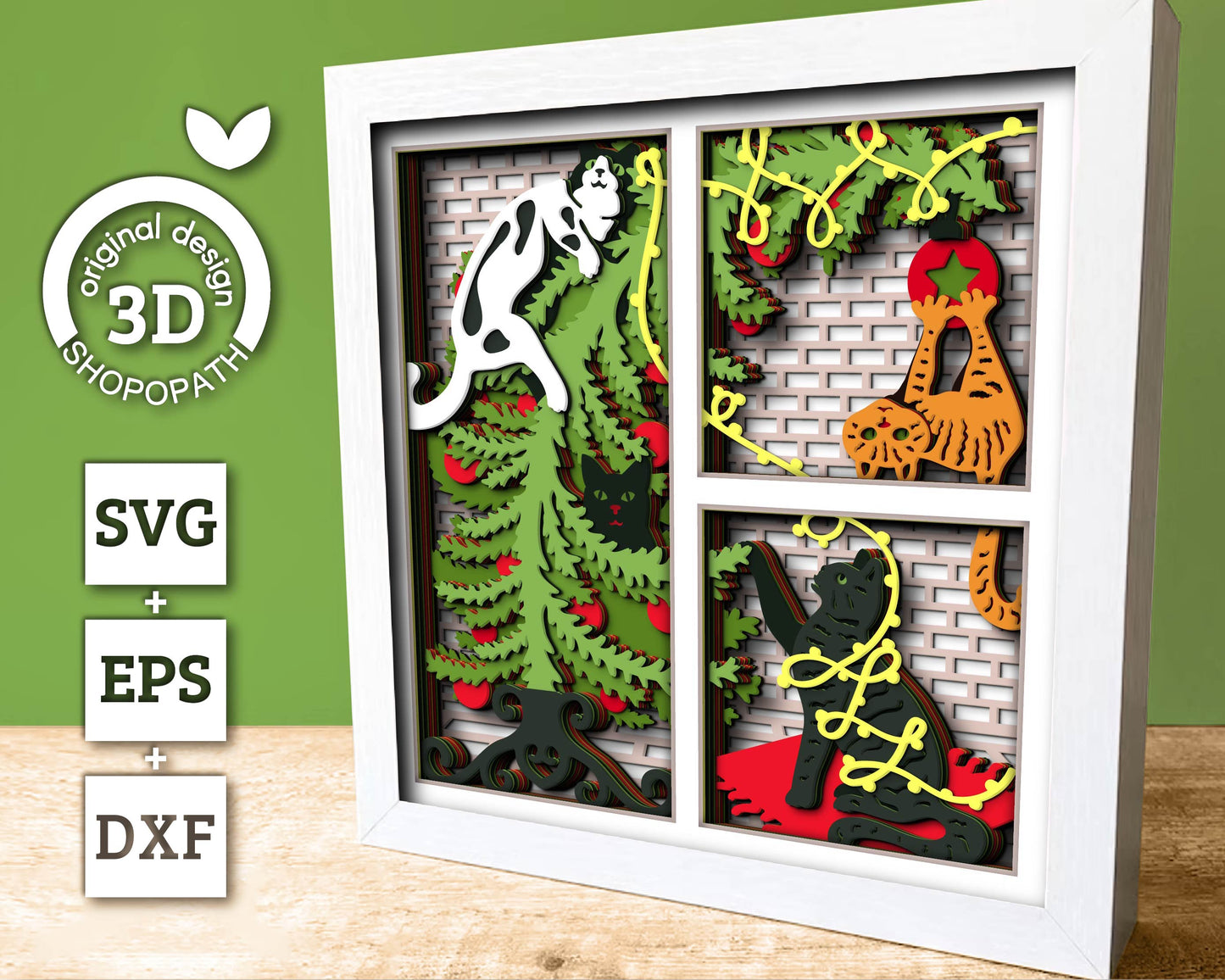 3D SVG Christmas Shadow Box, Cats Christmas Layered Winter Svg, Christmas Tree 3d Svg, Cat Shadow Box Cricut Silhouette