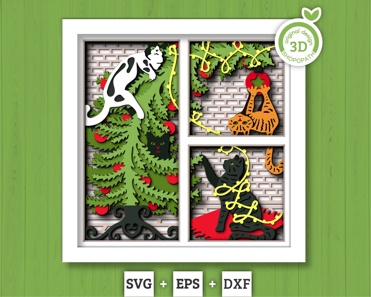 3D SVG Christmas Shadow Box, Cats Christmas Layered Winter Svg, Christmas Tree 3d Svg, Cat Shadow Box Cricut Silhouette