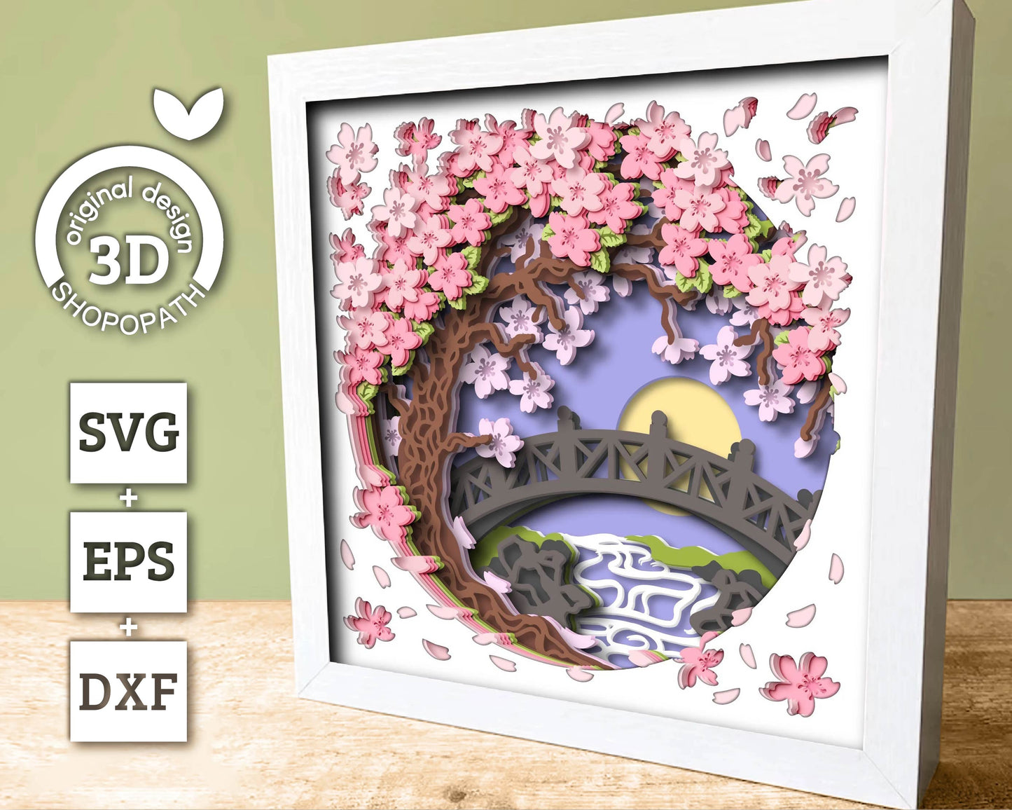 3D Blossom Tree With A Footbridge Over a Stream Shadow Box SVG, 3D Spring SVG, 3D Blossoms Svg, Flowers 3d Svg, Floral SVG Cricut Silhouette