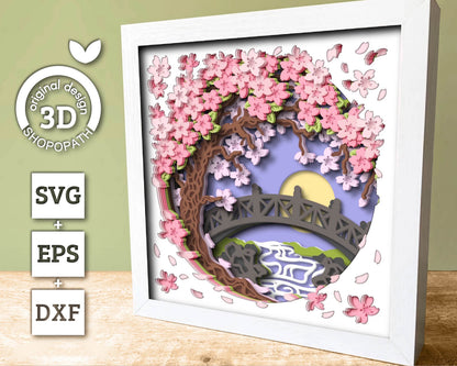 3D Blossom Tree With A Footbridge Over a Stream Shadow Box SVG, 3D Spring SVG, 3D Blossoms Svg, Flowers 3d Svg, Floral SVG Cricut Silhouette