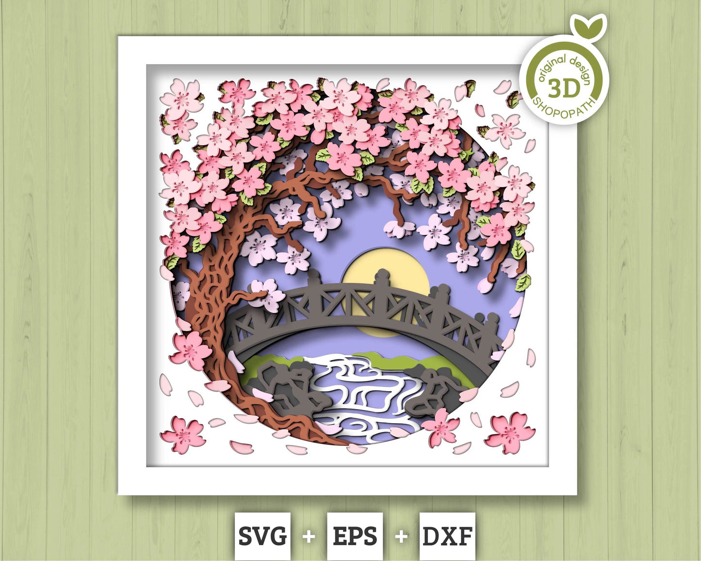 3D Blossom Tree With A Footbridge Over a Stream Shadow Box SVG, 3D Spring SVG, 3D Blossoms Svg, Flowers 3d Svg, Floral SVG Cricut Silhouette