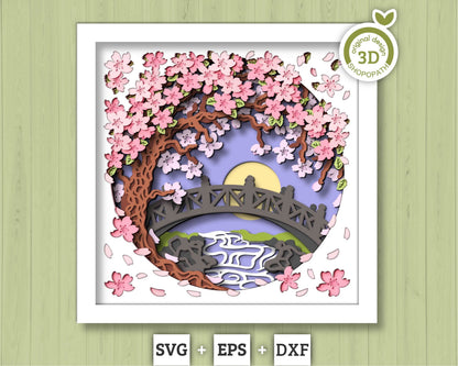 3D Blossom Tree With A Footbridge Over a Stream Shadow Box SVG, 3D Spring SVG, 3D Blossoms Svg, Flowers 3d Svg, Floral SVG Cricut Silhouette