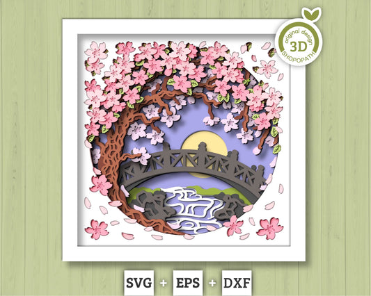 3D Blossom Tree With A Footbridge Over a Stream Shadow Box SVG, 3D Spring SVG, 3D Blossoms Svg, Flowers 3d Svg, Floral SVG Cricut Silhouette