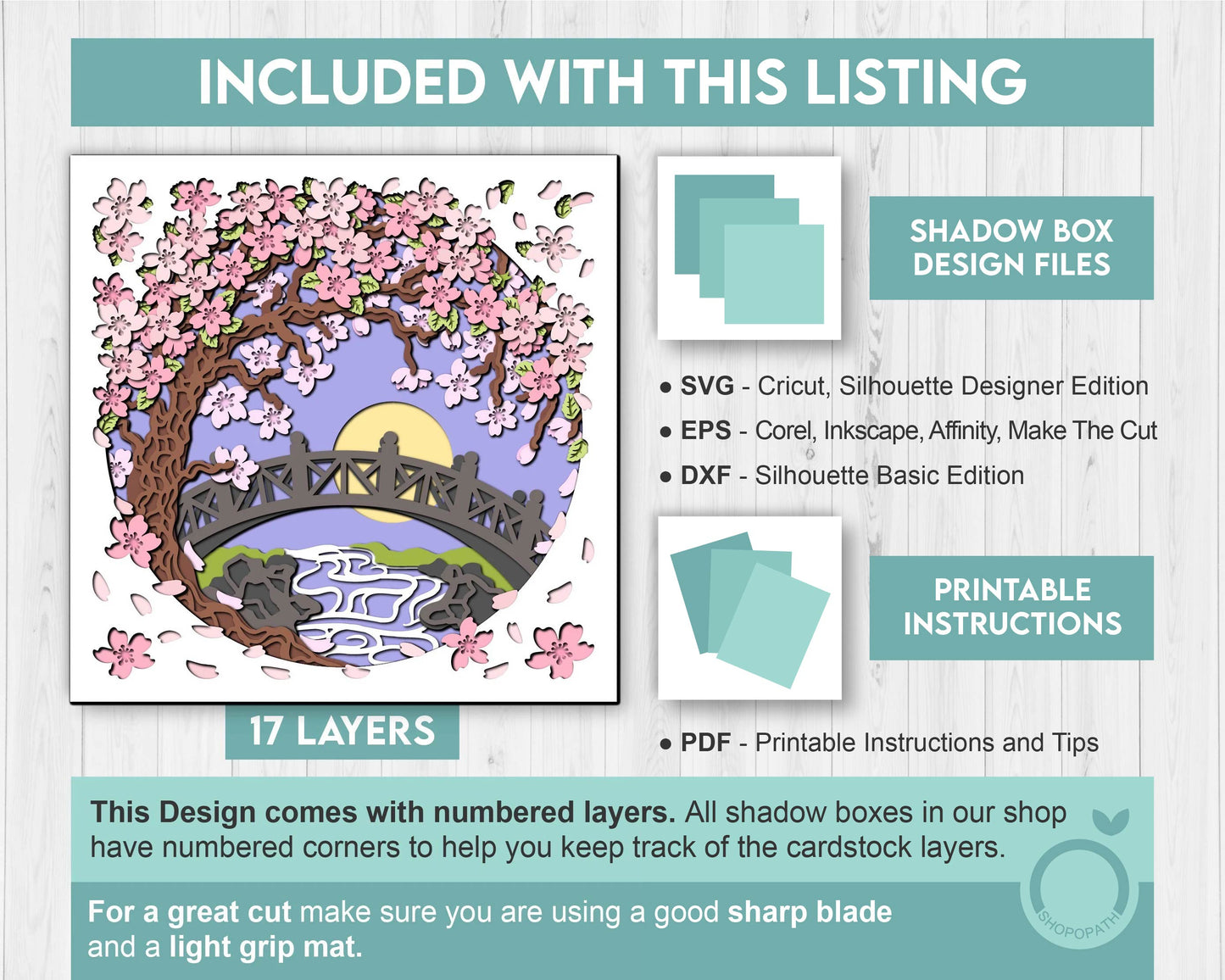 3D Blossom Tree With A Footbridge Over a Stream Shadow Box SVG, 3D Spring SVG, 3D Blossoms Svg, Flowers 3d Svg, Floral SVG Cricut Silhouette