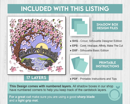 3D Blossom Tree With A Footbridge Over a Stream Shadow Box SVG, 3D Spring SVG, 3D Blossoms Svg, Flowers 3d Svg, Floral SVG Cricut Silhouette