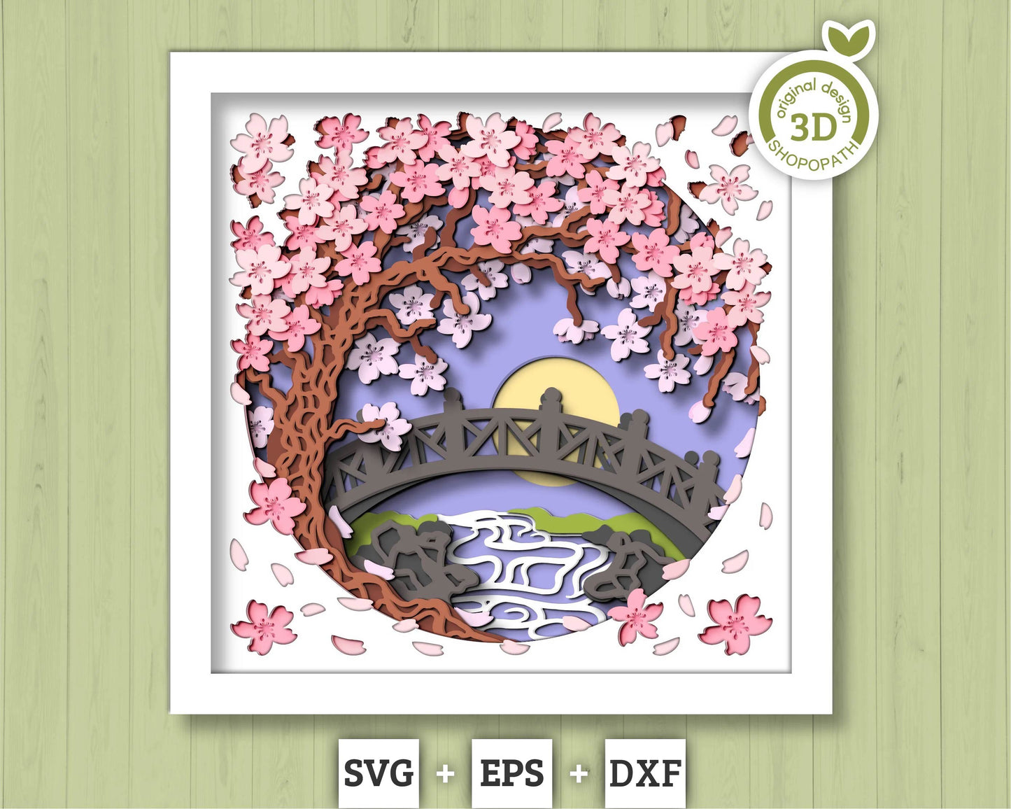 3D Blossom Tree With A Footbridge Over a Stream Shadow Box SVG, 3D Spring SVG, 3D Blossoms Svg, Flowers 3d Svg, Floral SVG Cricut Silhouette