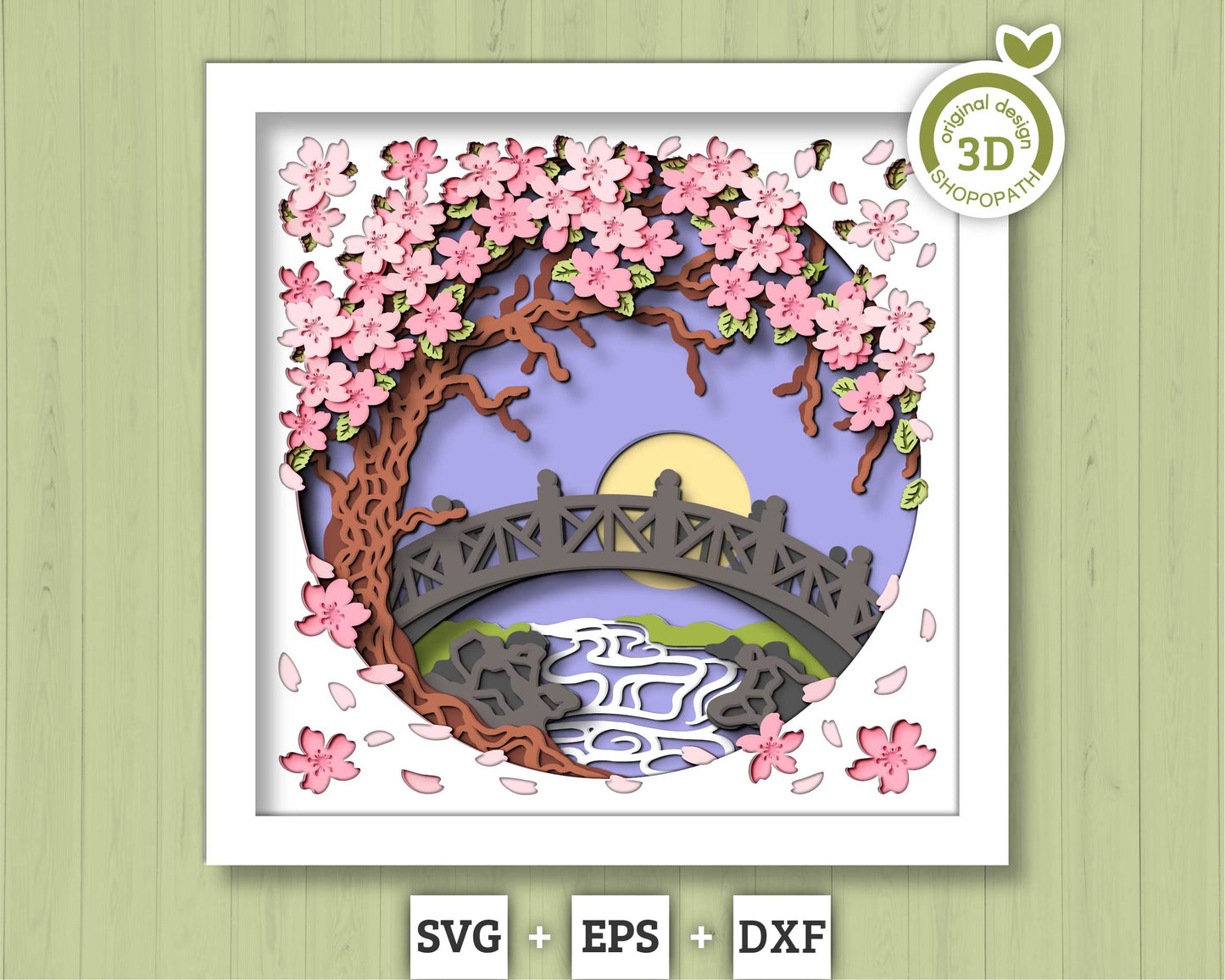 3D Blossom Tree With A Footbridge Over a Stream Shadow Box SVG, 3D Spring SVG, 3D Blossoms Svg, Flowers 3d Svg, Floral SVG Cricut Silhouette