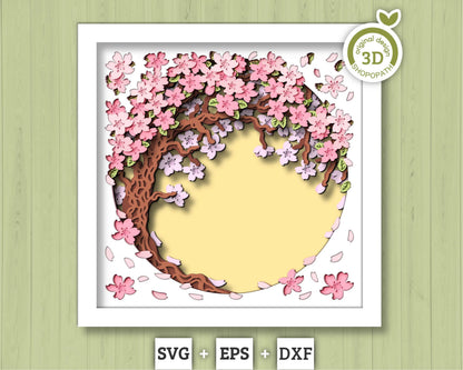 3D Blossom Tree With A Footbridge Over a Stream Shadow Box SVG, 3D Spring SVG, 3D Blossoms Svg, Flowers 3d Svg, Floral SVG Cricut Silhouette