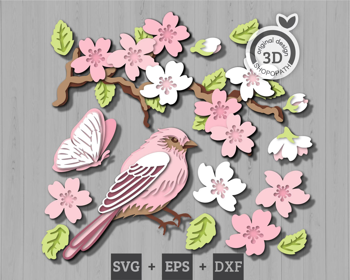 Cherry Blossom with Purple Finch - 3D Element Layered SVG DXF EPS for Laser Cut, Glowforge, Cricut (Cutting Files)