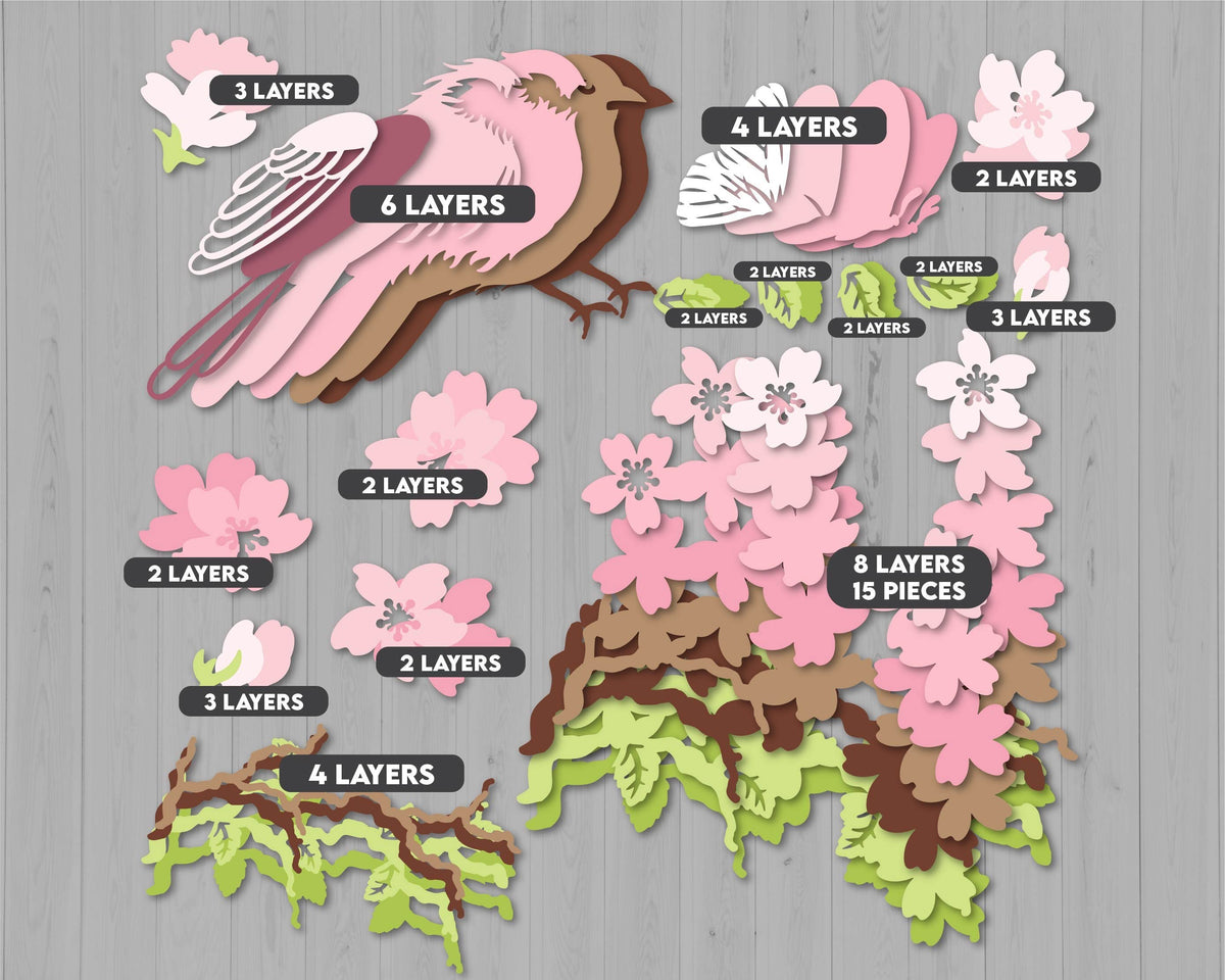 Cherry Blossom with Purple Finch - 3D Element Layered SVG DXF EPS for Laser Cut, Glowforge, Cricut (Cutting Files)
