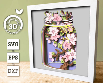 Cherry Blossom Branch in Jar - 3D Shadow Box Layered SVG DXF EPS (Cutting Files)