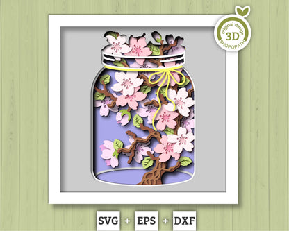 Cherry Blossom Branch in Jar - 3D Shadow Box Layered SVG DXF EPS (Cutting Files)