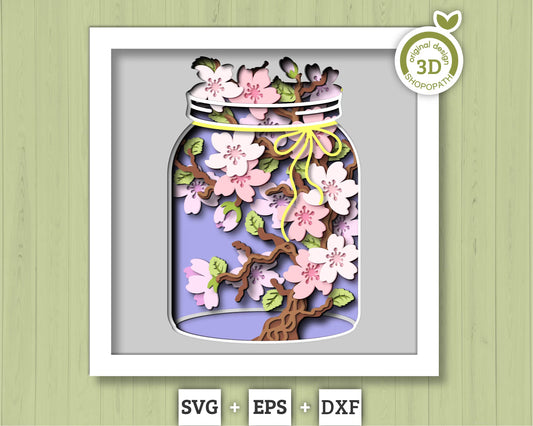 Cherry Blossom Branch in Jar - 3D Shadow Box Layered SVG DXF EPS (Cutting Files)