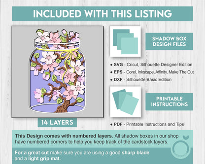 Cherry Blossom Branch in Jar - 3D Shadow Box Layered SVG DXF EPS (Cutting Files)