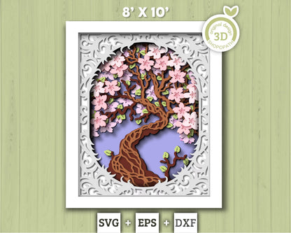 3D Cherry Blossom Shadow Box SVG, 8x10 inch Layered Blossom Tree Svg, Sakura Tree 3D Svg, 3D Flowers SVG, 3D Floral SVG, Cricut Silhouette