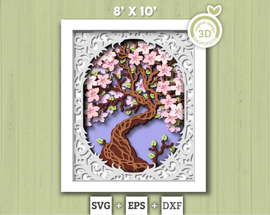 3D Cherry Blossom Shadow Box SVG, 8x10 inch Layered Blossom Tree Svg, Sakura Tree 3D Svg, 3D Flowers SVG, 3D Floral SVG, Cricut Silhouette