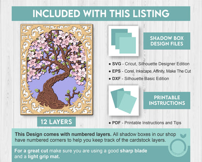 3D Cherry Blossom Shadow Box SVG, 8x10 inch Layered Blossom Tree Svg, Sakura Tree 3D Svg, 3D Flowers SVG, 3D Floral SVG, Cricut Silhouette