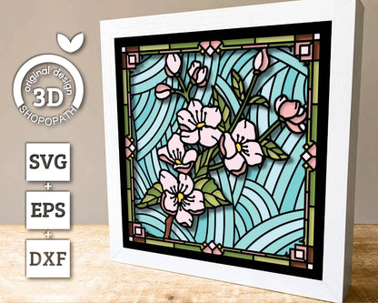 3D SVG Stained Glass Cherry Blossoms Flowers Shadow Box, 3D Flowers svg, 3D Floral Stained Glass Papercut, Shadow Box svg, Cricut Silhouette