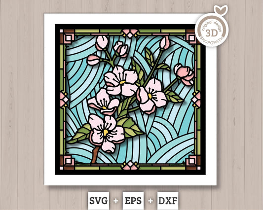 3D SVG Stained Glass Cherry Blossoms Flowers Shadow Box, 3D Flowers svg, 3D Floral Stained Glass Papercut, Shadow Box svg, Cricut Silhouette
