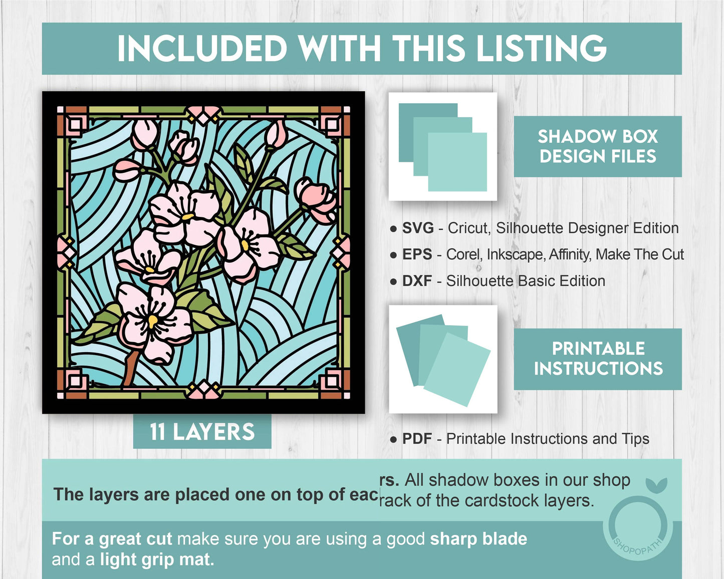 3D SVG Stained Glass Cherry Blossoms Flowers Shadow Box, 3D Flowers svg, 3D Floral Stained Glass Papercut, Shadow Box svg, Cricut Silhouette