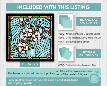 3D SVG Stained Glass Cherry Blossoms Flowers Shadow Box, 3D Flowers svg, 3D Floral Stained Glass Papercut, Shadow Box svg, Cricut Silhouette
