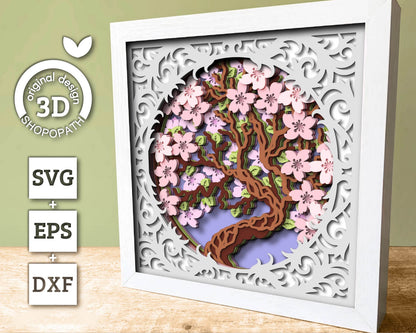 3D Cherry Blossom Tree Shadow Box SVG, 3D Spring SVG, 3D Cherry Blossom svg, Sakura Tree Flowers 3d Svg, Floral SVG, Cricut Silhouette