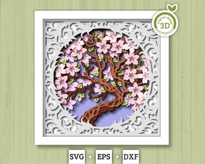 3D Cherry Blossom Tree Shadow Box SVG, 3D Spring SVG, 3D Cherry Blossom svg, Sakura Tree Flowers 3d Svg, Floral SVG, Cricut Silhouette
