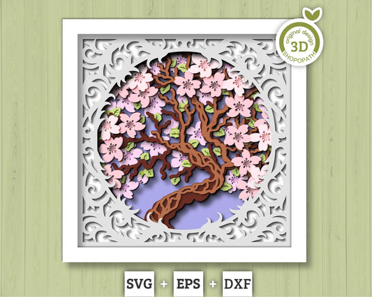 3D Cherry Blossom Tree Shadow Box SVG, 3D Spring SVG, 3D Cherry Blossom svg, Sakura Tree Flowers 3d Svg, Floral SVG, Cricut Silhouette