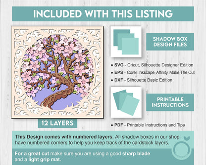 3D Cherry Blossom Tree Shadow Box SVG, 3D Spring SVG, 3D Cherry Blossom svg, Sakura Tree Flowers 3d Svg, Floral SVG, Cricut Silhouette