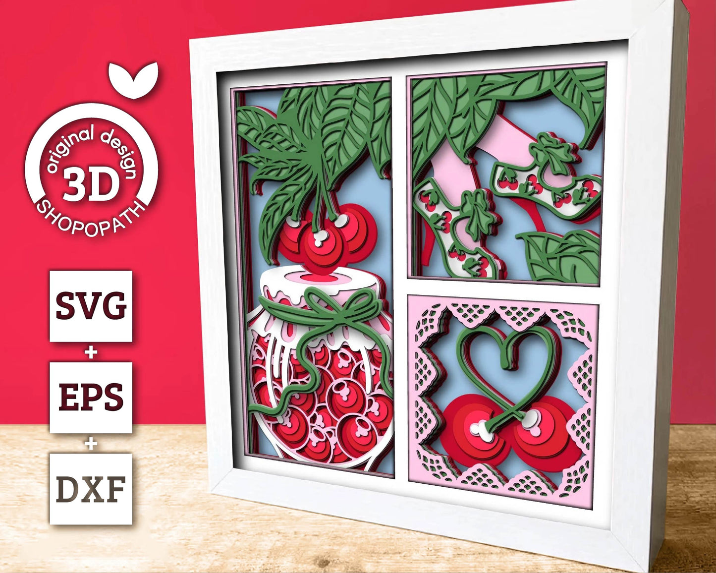 Cherries with Lace Jar Panels - 3D Shadow Box Layered SVG DXF EPS (Cutting Files)