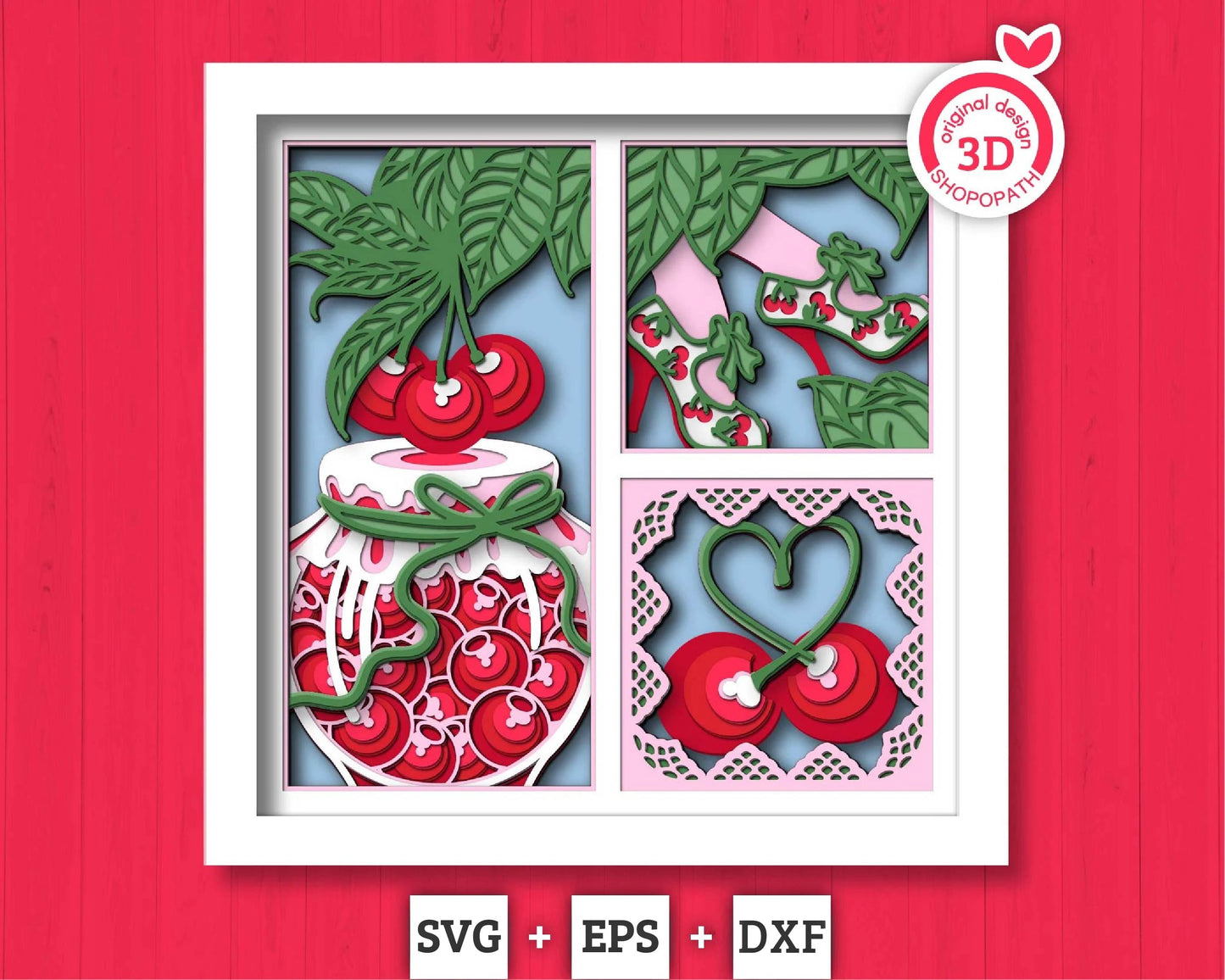 Cherries with Lace Jar Panels - 3D Shadow Box Layered SVG DXF EPS (Cutting Files)