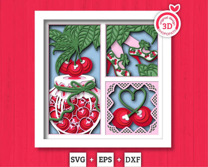 Cherries with Lace Jar Panels - 3D Shadow Box Layered SVG DXF EPS (Cutting Files)