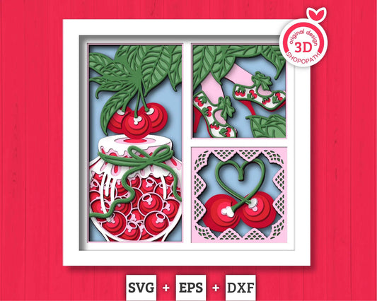 Cherries with Lace Jar Panels - 3D Shadow Box Layered SVG DXF EPS (Cutting Files)
