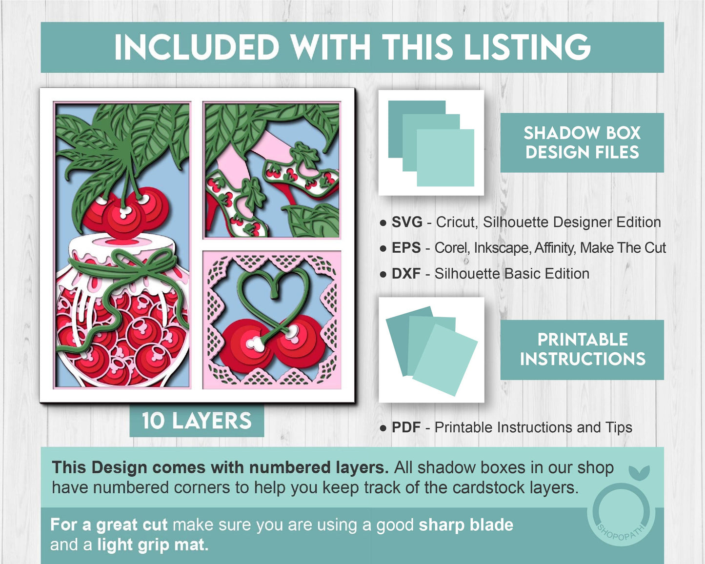 Cherries with Lace Jar Panels - 3D Shadow Box Layered SVG DXF EPS (Cutting Files)