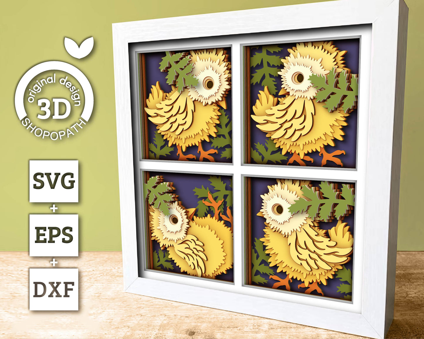3D SVG Baby Chicks Shadow Box with Spring Leaves Layered Cutting Files for Cricut, Silhouette, Brother & Laser Machines