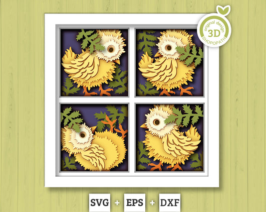 3D SVG Baby Chicks Shadow Box with Spring Leaves Layered Cutting Files for Cricut, Silhouette, Brother & Laser Machines