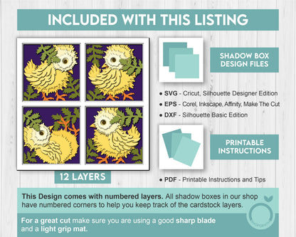 3D SVG Baby Chicks Shadow Box with Spring Leaves Layered Cutting Files for Cricut, Silhouette, Brother & Laser Machines