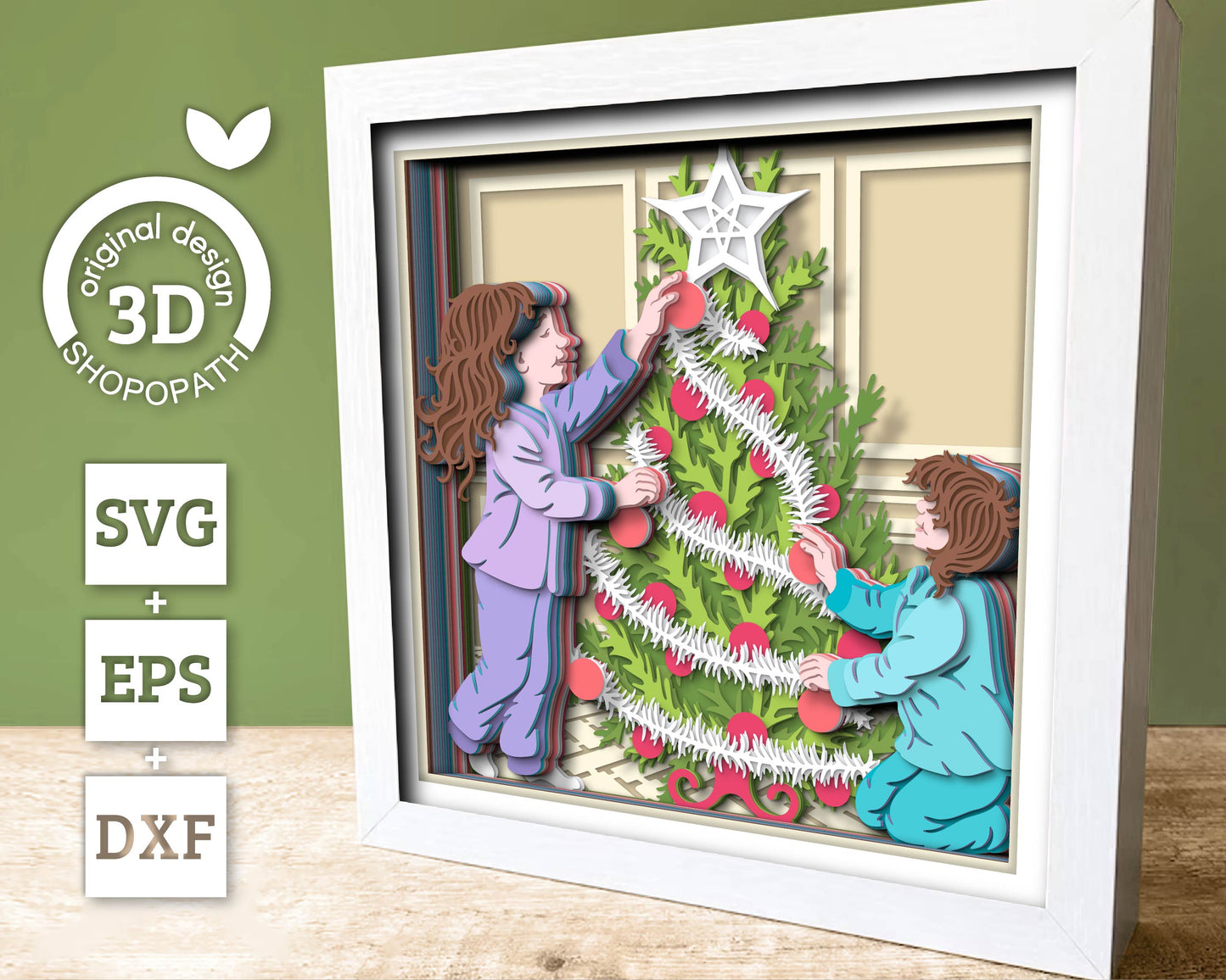 Children Decorating Christmas Tree - 3D Shadow Box Layered SVG DXF EPS (Cutting Files)