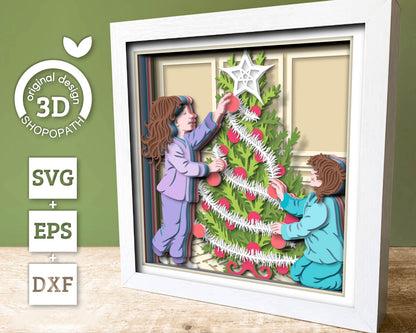 Children Decorating Christmas Tree - 3D Shadow Box Layered SVG DXF EPS (Cutting Files)