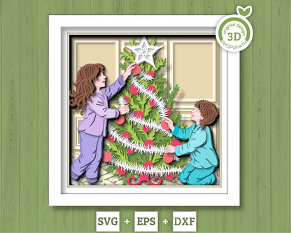 Children Decorating Christmas Tree - 3D Shadow Box Layered SVG DXF EPS (Cutting Files)